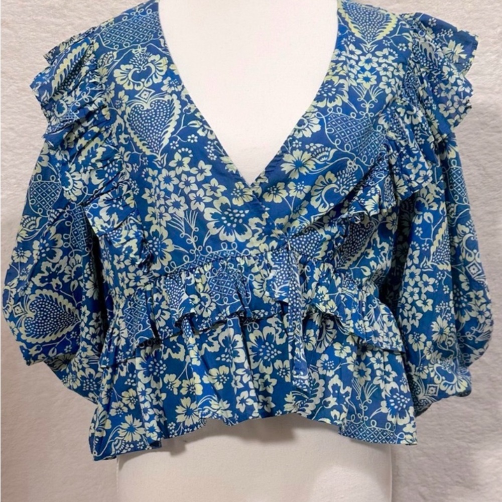 Floral Blue Ruffle Top